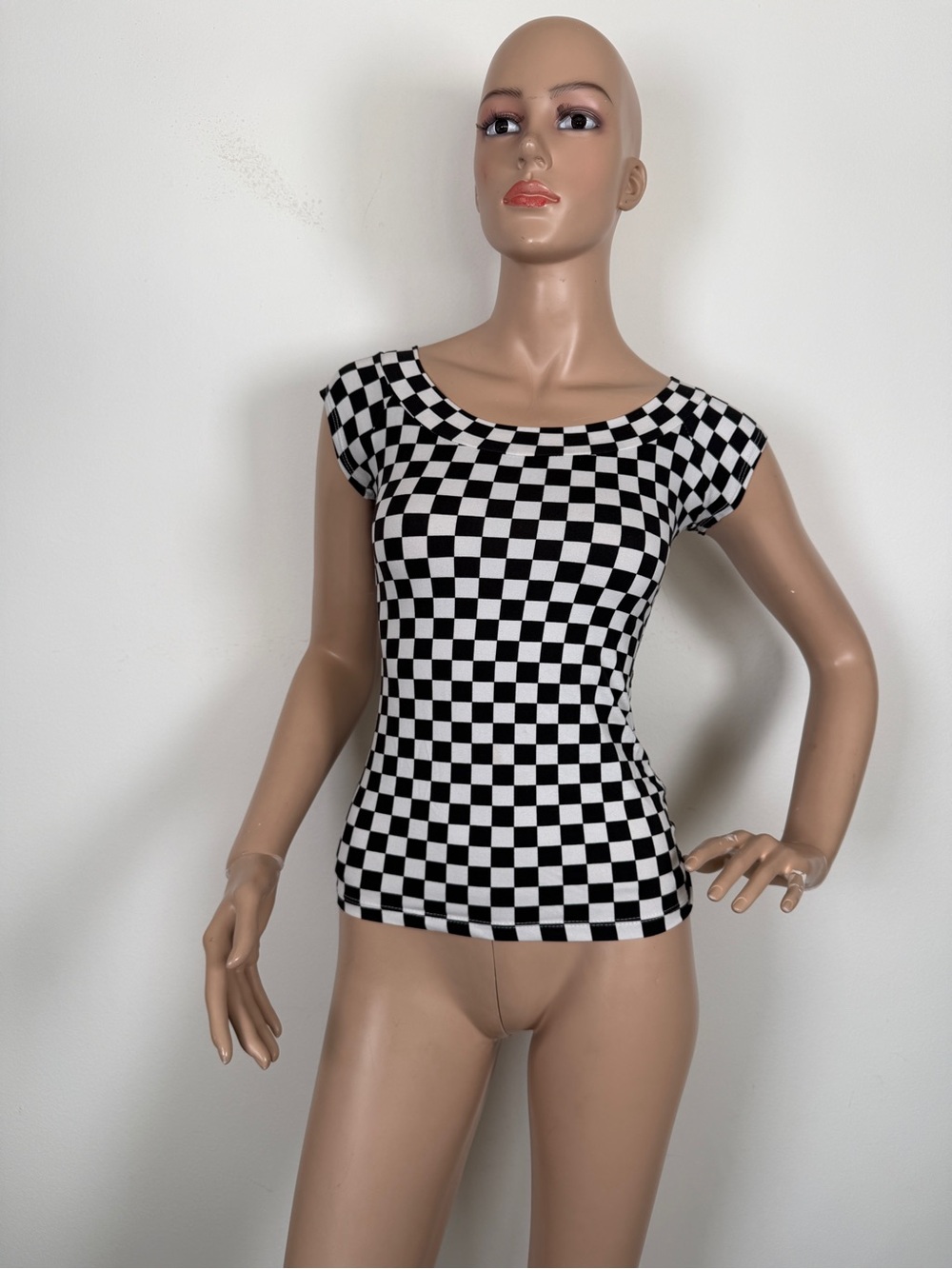 Retrolicious Black and White Checkerboard Cap Sleeve Top